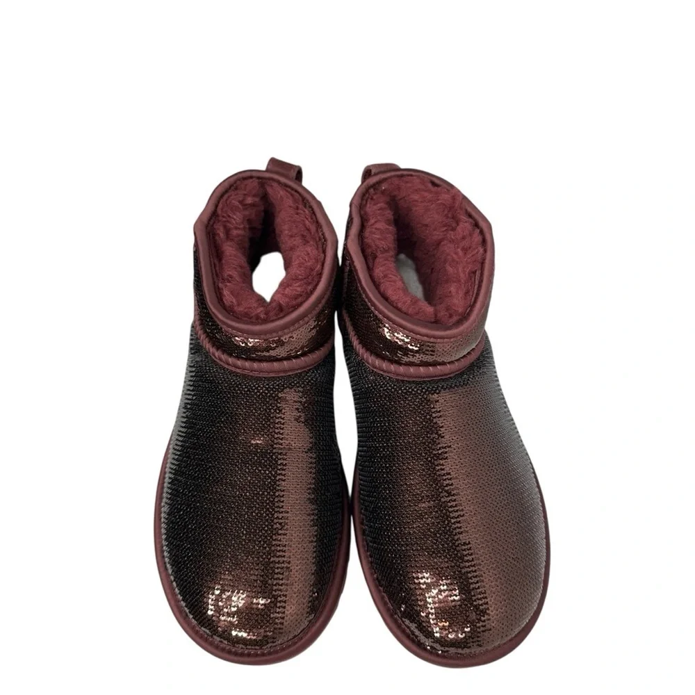 UGG Women's Classic Burgundy Sequin Ultra Mini Mirror Ball Booties. Sz 7